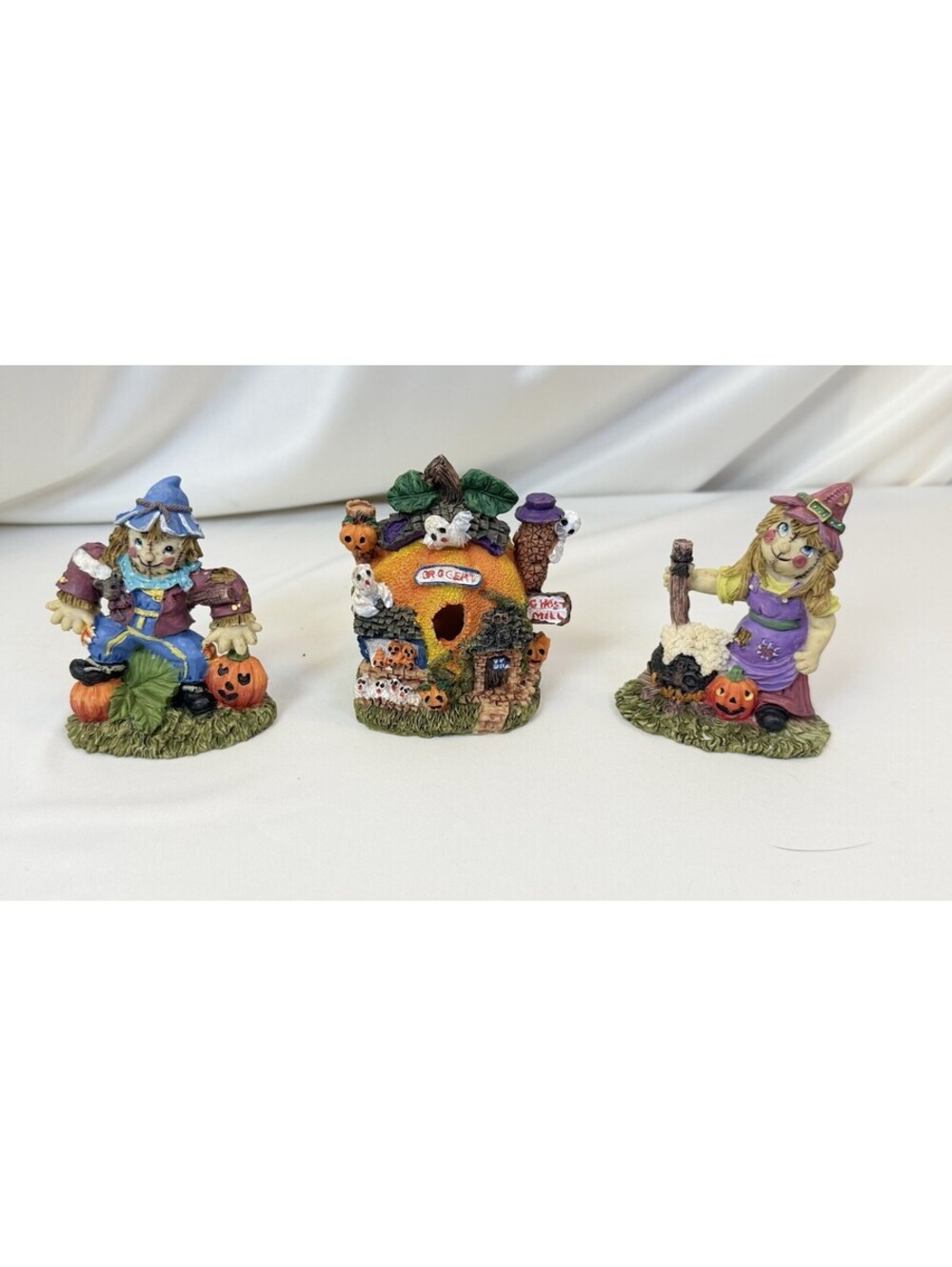 Vtg. 90s Y2k Halloween Resin Figurines Witch Pumpkin House, Scarecrow Fall